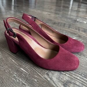 Vionic Nareen 6 Suede Slingback Chunky Heel Pumps Round Toe Shoes Wine Burgundy